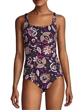 NWT Lands End Women Grecian 1 Piece Swimsuit Blackberry Jacobean Sz12 Mast